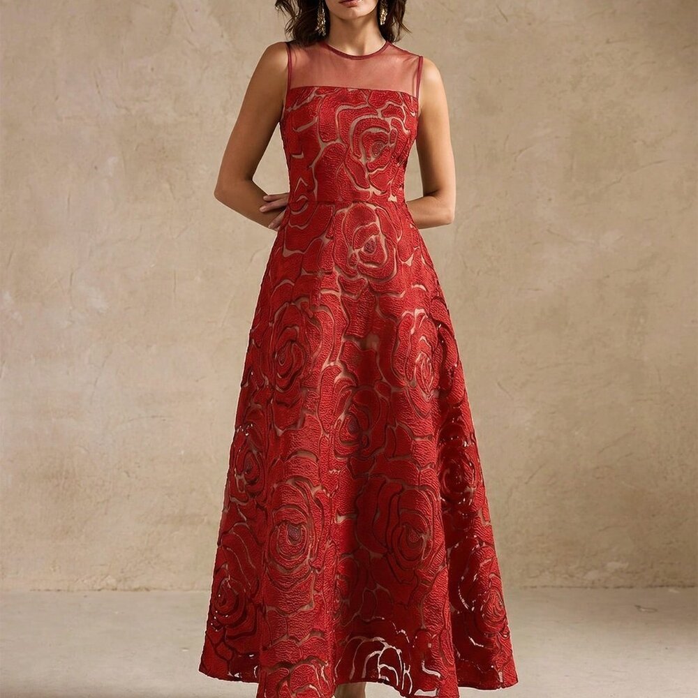 Burgundy Elegant Women's Lace Sleeveless Cut-Flower Embroidered Tulle Dress - Picture 3 of 5